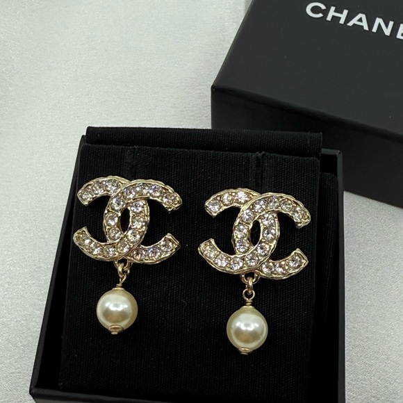 CHANEL Jewelry - CHANEL Statement Gold Crystal CC and Pearl Dangle Earrings